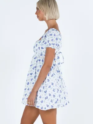 Princess Polly Blue Floral Puff Sleeve Mini Dress Cotton White Tie Back US 8 thumbnail 5