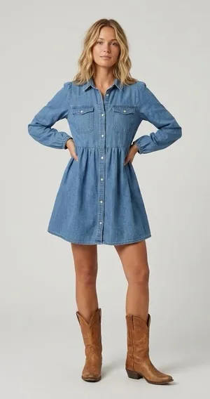 NEW American Eagle Denim Babydoll Dress SMALL Long Sleeve Button Down Blue Jean thumbnail 1