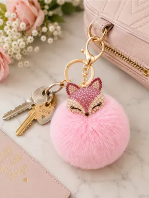 NEW Fluffy Fox Bag Charm Keychain Pom Pom Light Pink Pearl Rhinestone NWT thumbnail 2