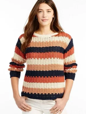 LL Bean Colorful Stripes Sig Bailey Island Chunky Cotton Pullover Sweater‎ LARGE thumbnail 1