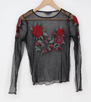 American Eagle Top Womens S Mesh Floral Embroidered Black Sheer Excellent thumbnail 1