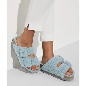 BIRKENSTOCK Arizona Big Buckle Genuine Shearling Slide Sandal in Faded Aqua thumbnail 2