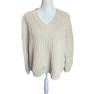 Jenni Kayne Cabin Sweater XS Cream Organic Cotton Fisherman Knit V Neck thumbnail 3