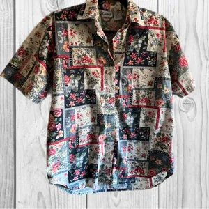 Vintage Floral Print Button Down 90s Short Sleeve Cotton Top Patchwork garden‎ thumbnail 6