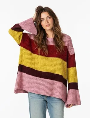 Cloudwalk Bell Sleeve Striped Knit Sweater Pink Red Yellow Boho Slouchy Size M thumbnail 1