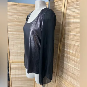 Dots purplish silver metallic blouse sheer black sleeves top shirt woman’s XL thumbnail 4