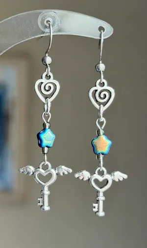 Handmade Czech glass star & angel heart key romance Kawaii y2k fairy dangle earrings✨ thumbnail 1