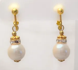 Vintage Clip On Earrings Rich Gold Tone Clear Gems, Faux Pearl Dangle Drop thumbnail 1