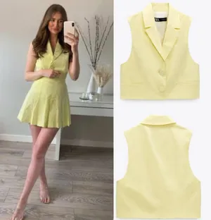 ZARA Blogger Favorite CROPPED WAISTCOAT WITH COVERED BUTTONS VEST YELLOW thumbnail 2