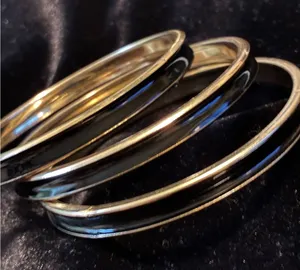 Vintage Minimalist Black Enamel Bangle Set • 3 Gold Tone Stacking Bracelets thumbnail 1