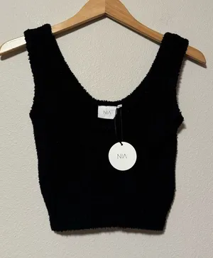 NWT NIA Black Fuzzy Women's Crop Top thumbnail 1