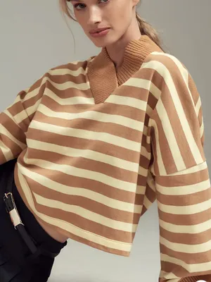 Anthropologie Maeve Cotton Boxy Oversized V-Neck Top Striped s thumbnail 1