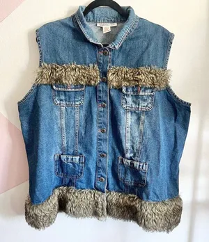 Denim Fur Trim Vest, Y2K, Grunge, Western, Vintage, Edgy,‎ 1X, Retro thumbnail 1
