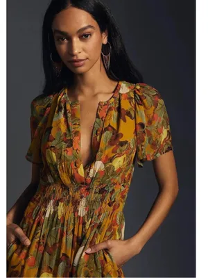 Anthropologie Yellow Fruit Print Smocked Waist Tiered Dress, Size XL thumbnail 3