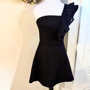 SHILLA The Label One Shoulder Ruffle Lace Mini Dress Black Fit Flare XS💛 thumbnail 11