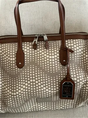 Ralph Lauren beige grey and brown polka dot leather satchel handbag footed thumbnail 2