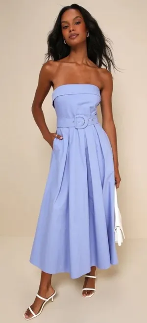 NWT Lulus Trendsetting Choice Periwinkle Strapless Midi Dress With Pockets Sz L thumbnail 1