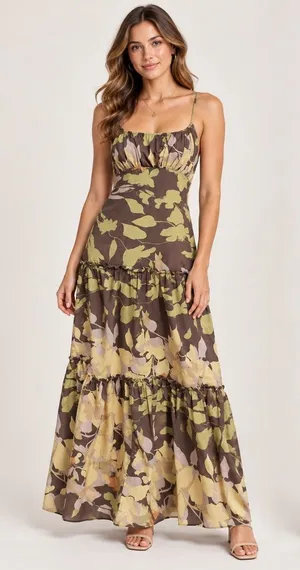 BCBGMAXAZRIA Brown Floral Tiered Maxi Dress Silk Lining Open Back Size Medium thumbnail 1