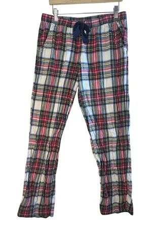 Aerie Women Medium Plaid Flannel Pajama Pants Rhinestone Accent Navy‎ Drawstring thumbnail 1