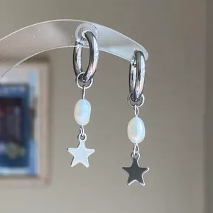 Handmade grunge fairy whimsical y2k style quality pearl star hoop earrings⭐️ thumbnail 2