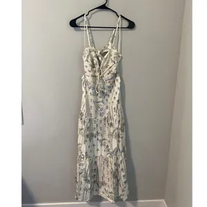 New Aakaa Floral Tie Front Midi Dress Ivory Blue Size M thumbnail 2