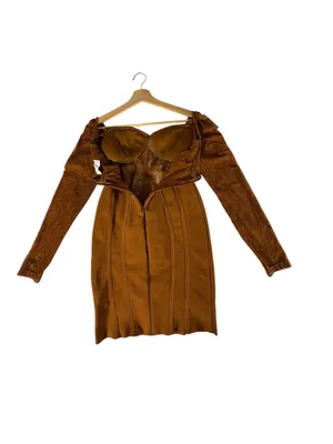ASOS Womens 4 Bronze Brown Corset Mini Dress Lace Sleeve Sweetheart Gothic thumbnail 3