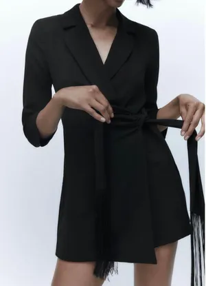 Zara blazer dress with fringes tied wrapped mini tailored black thumbnail 3