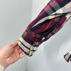 Wrangler‎ Western Mens Plaid Long Sleeve Shacket Snap Front Burgundy Blue Cream thumbnail 9