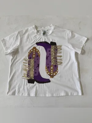Queen of Sparkles Womens Medium Purple Sequin Cowboy‎ Boot Fringe Western Tee XS thumbnail 4