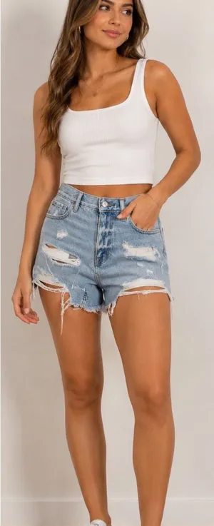 PacSun Light Blue Distressed High-Rise Denim Shorts thumbnail 1