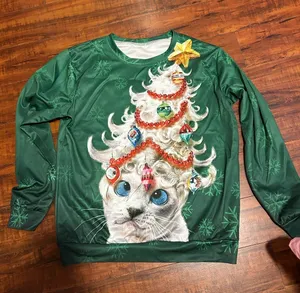 Women's Green Holiday Cat Graphic Pullover Sweatshirt thumbnail 1