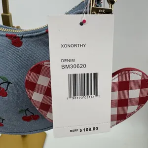 Betsey Johnson Denim Cherry Embroidered Heart Charm Gingham Shoulder Bag NWT thumbnail 5