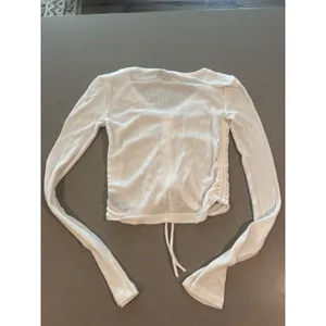 Out From Under White Ribbed Ruched Drawstring‎ V Neck Long Sleeve Cropped Top thumbnail 5