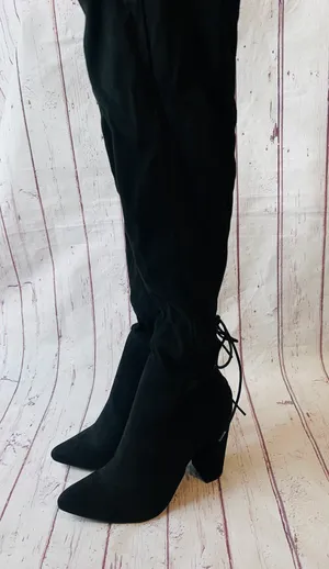 Ivona Stretch Over The Knee Boots Black Faux Suede Tie Detail 4” Heel thumbnail 8