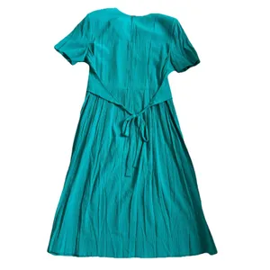 VTG 90s Miss Dorby Teal Dress 16 Career Midi Crinkle Rayon Faux Vest Cottagecore thumbnail 2