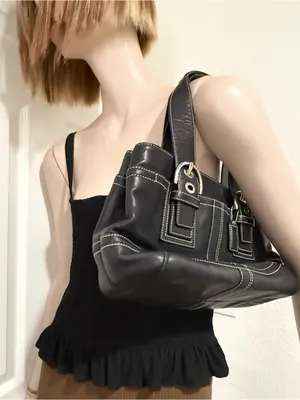 Vintage Y2K COACH F10911 Soho Carryall Satchel Black Leather Contrast Stitching thumbnail 3