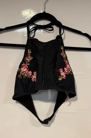 Black Altar’d State Halter Swim Top with‎ Pink Floral Embroidery thumbnail 1