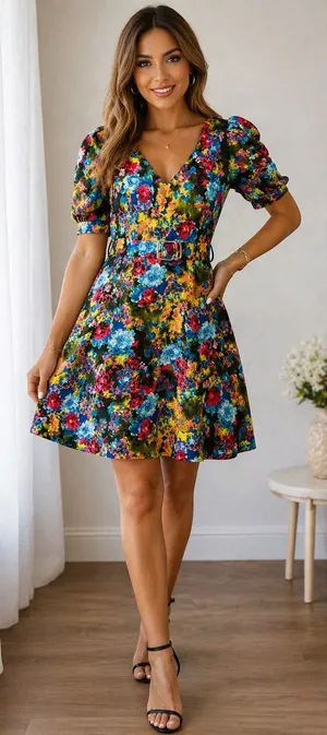 New York & Co Multicolor Floral V-Neck Puff Sleeve Belted Fit & Flare Midi Dress thumbnail 1