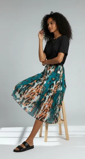 Kosmios Women Teal Orange Abstract Digital Print Pleated Midi Skirt TC5226 Large thumbnail 1