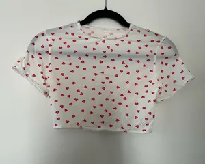SKIMS White Red Heart Print Sheer Mesh Fits Everybody Picot Crop Tee Small thumbnail 1