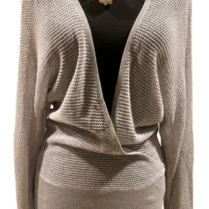 Cache Knit Silver Metallic Peek A Boo Faux Wrap Top New Banded Bottom $98 NWT thumbnail 14