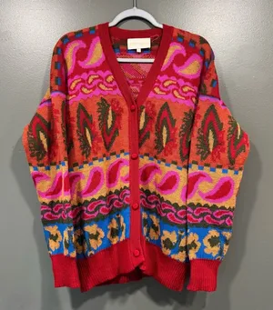 Carolina K Size M 100% Alpaca Wool Paisley Bright Western‎ Cardigan Sweater thumbnail 1