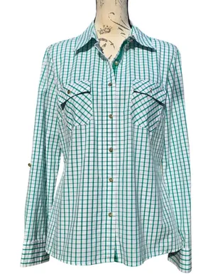 Zac‎ & Rachel -1831 Green White Grid Check Button Down Roll Tab Shirt Womens M thumbnail 1