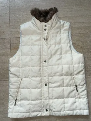 Lauren Ralph Lauren Womens Medium Vest Cream Quilted Fur Collar Full‎ Zip thumbnail 1