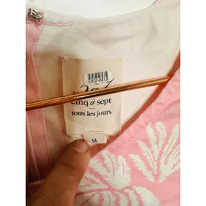 Cinq à Sept Pink White Tropical Leaves Cotton Blend Phoenix Madison Dress sz 14 thumbnail 5