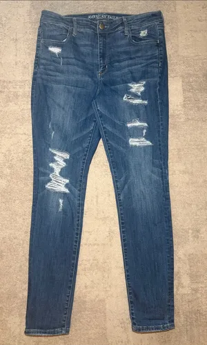 American Eagle Outfitters Blue Jean Denim Hi-Rise Jegging Distressed 16 Long thumbnail 1