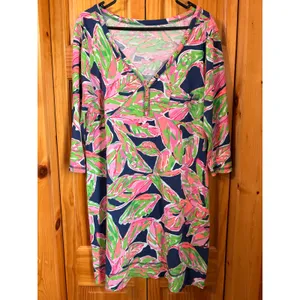 Lilly Pulitzer Palmetto V-Neck Pima Cotton Dress Pink Green Tropical Leaf XL thumbnail 2