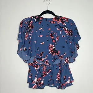 NWOT RACHEL Rachel Roy Blue Floral Flutter Sleeve Blouse Size Large thumbnail 2