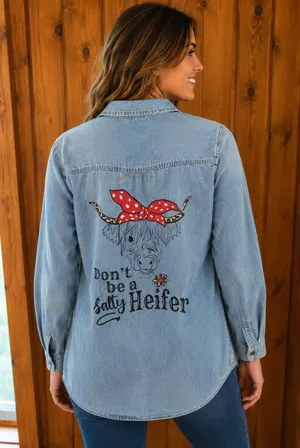 Highland Cow Denim ButtonUp Shirt Don't Be a Salty Heifer Western Country Top thumbnail 1