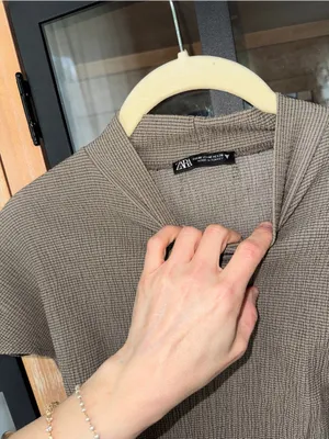 Zara ruched top textured gathered mock neck short sleeve neutral taupe thumbnail 3